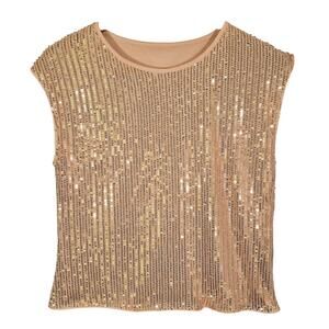 M Rose Gold Sequin Embellished Top Blouse Womens Size S M Cap Sleeve Party Shirt